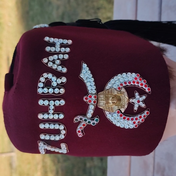 Vtg Zuhrah Shriner Jewelled Ceremonial Hat Genuine Leather Fez Size 7 1/8 - Picture 2 of 11